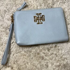 Tory Burch Sky Blue Britten Large Zip Pouch Wristlet with Gold Logo
